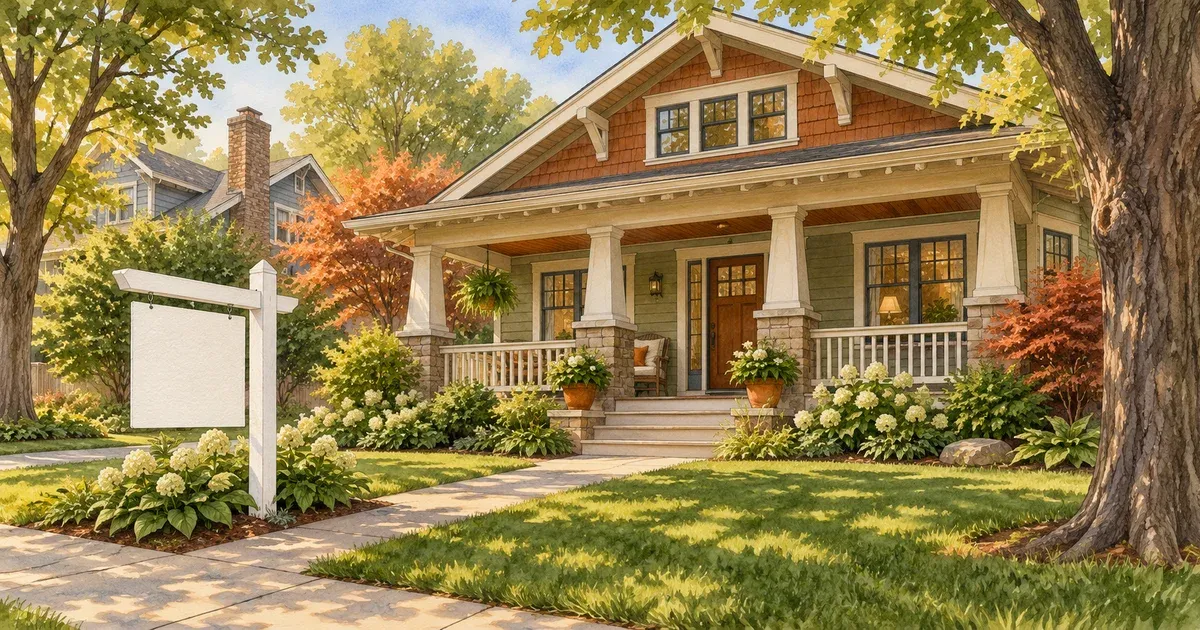Watercolor-style illustration of a craftsman-style Twin Cities home with a for-sale sign in the front yard