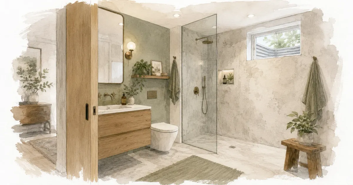 Watercolor illustration of a compact basement bathroom with a curbless glass walk-in shower, floating oak vanity, wall-hung toilet, pocket door, and high egress window