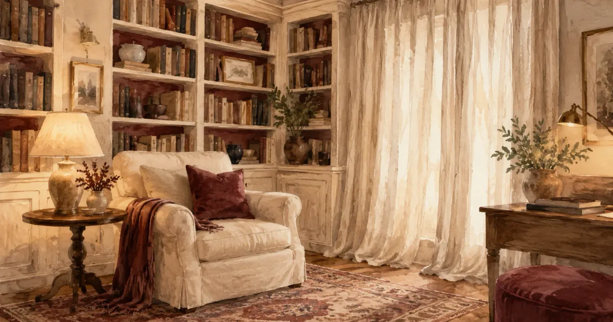 Soft watercolor illustration of a cozy home library with floor-to-ceiling bookshelves, plush armchair, and heavy linen curtains