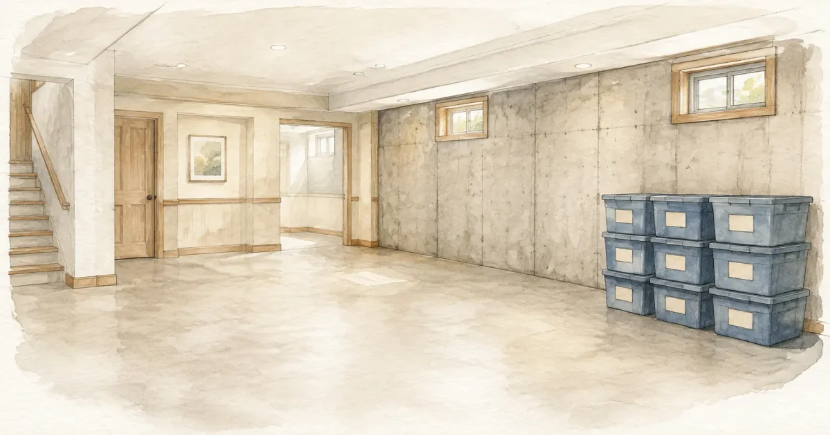 A tidy, decluttered basement with storage bins organized along one wall, ready for a remodel