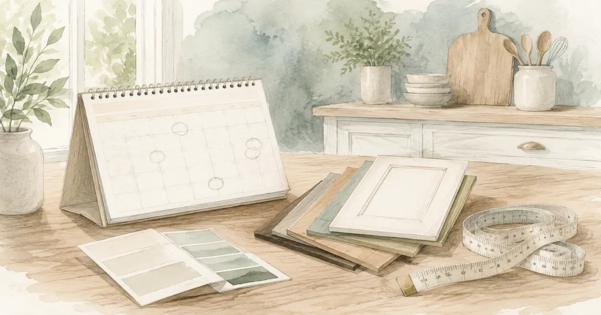 Soft watercolor illustration of a kitchen remodel calendar and moodboard with cabinet samples, a paint swatch, and a measuring tape on a warm wood counter