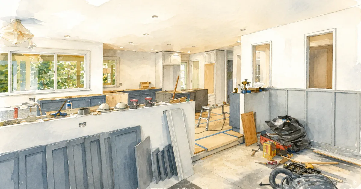 Watercolor illustration of a mid-renovation kitchen with cabinet doors removed, tools, and a ladder set up during a whole-home remodel