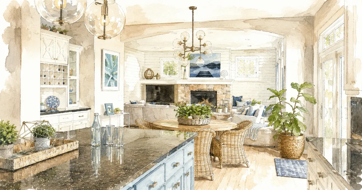 Soft watercolor illustration of an open-concept main floor, with a blue kitchen island in the foreground opening past a dining table to a stone fireplace living room beyond