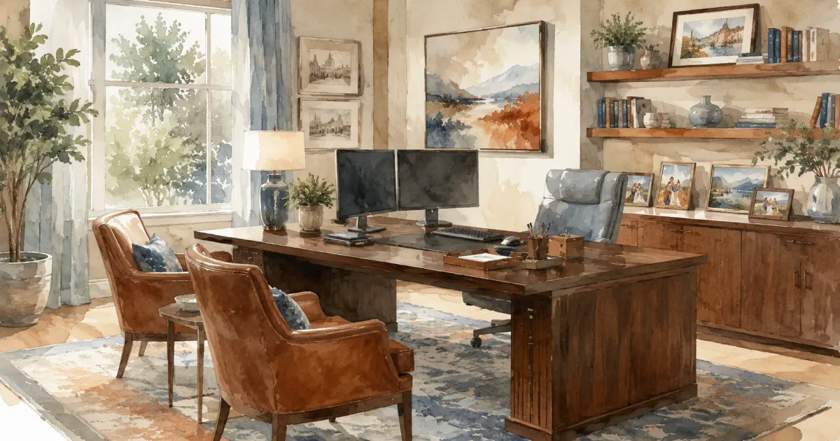 Warm wood-toned home office with a built-in desk, dual monitors, leather chairs, and floor-to-ceiling shelving in a soft watercolor illustration