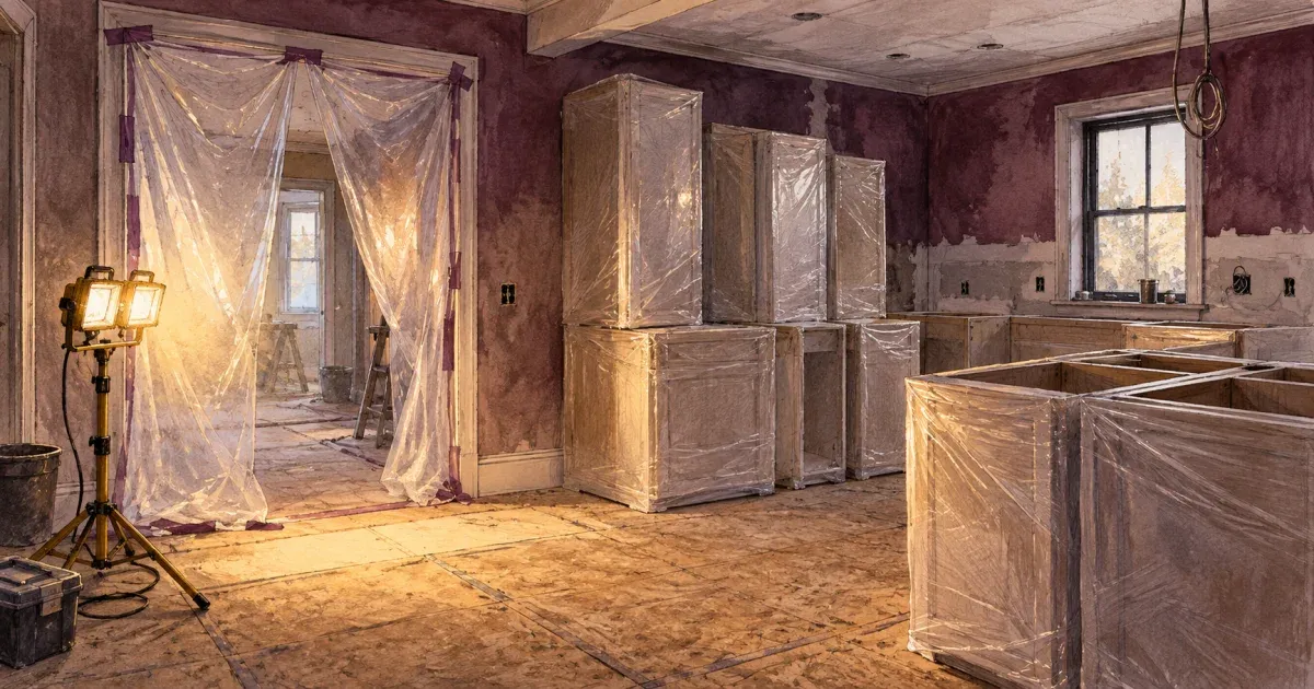 A kitchen mid-remodel with plastic sheeting across a doorway, exposed subfloor, and cabinet boxes staged along one wall