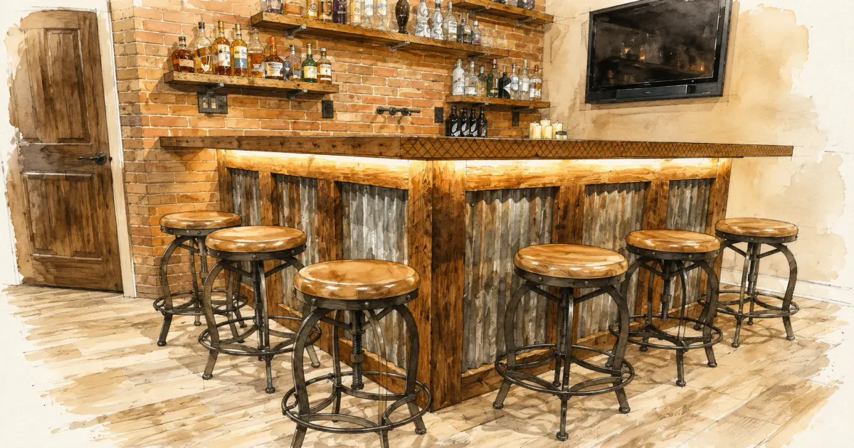Watercolor illustration of a finished basement bar with a reclaimed wood counter, corrugated metal facing, exposed brick wall, floating shelves, and six stools