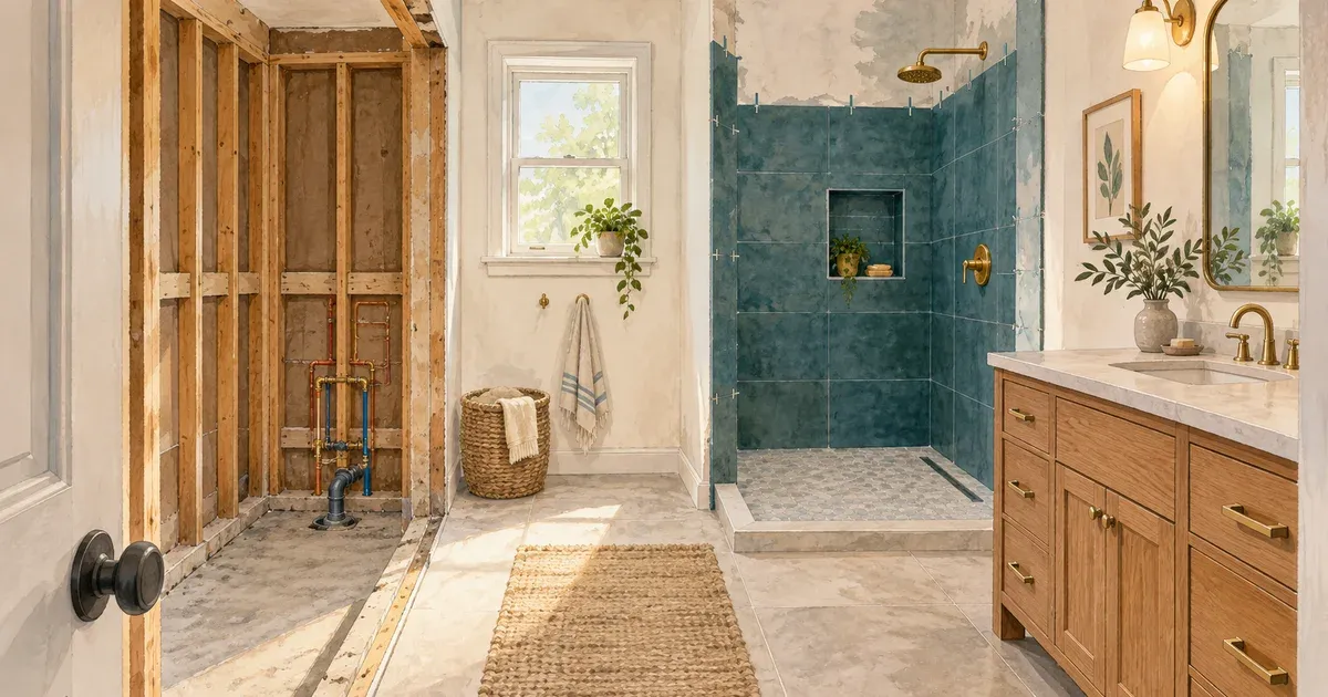 Watercolor illustration of a residential bathroom mid-renovation with a bathtub removed, exposed wall framing and plumbing behind the wet wall, and a low-threshold tiled shower base in place