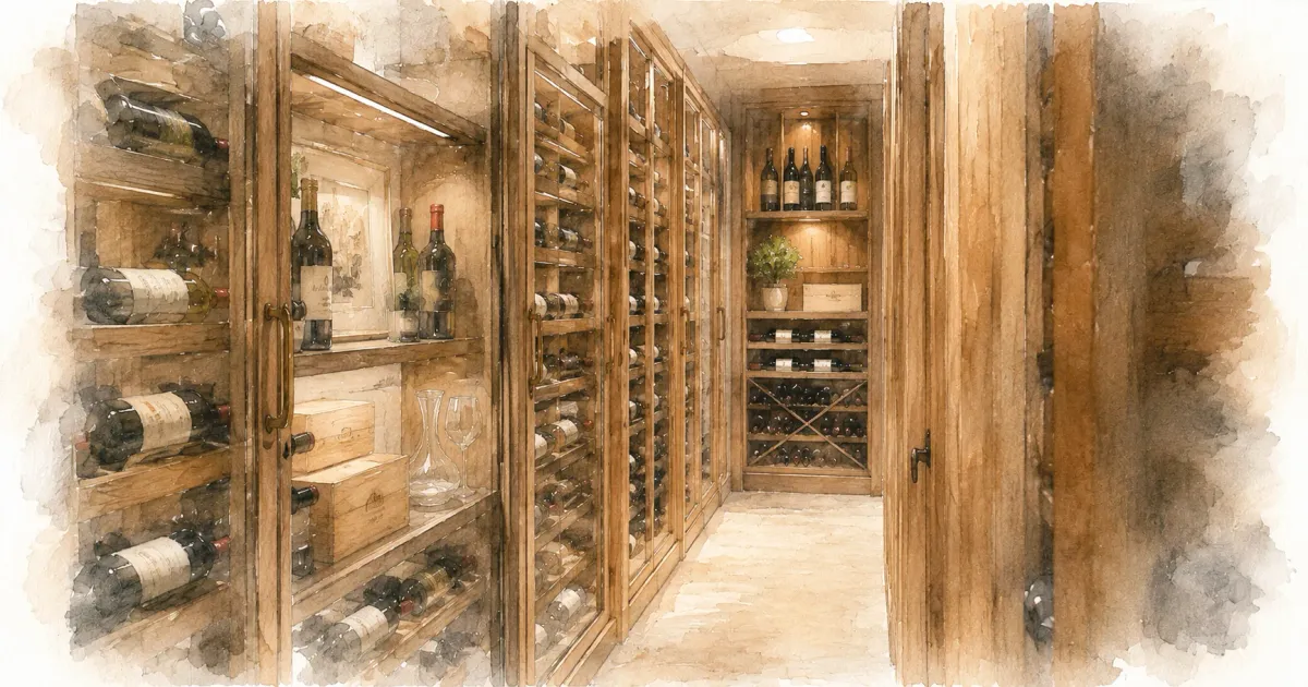 A converted wine cellar with custom wood racking, glass-front cabinets, and warm accent lighting