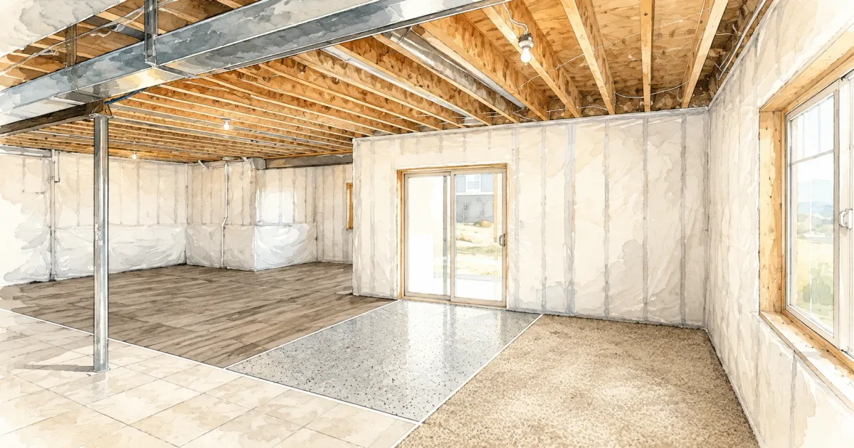 Watercolor illustration of an unfinished basement with four flooring materials installed side by side — tile, vinyl plank, polished concrete, and carpet