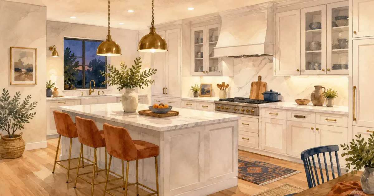 Well-lit modern kitchen with layered pendant lights over an island, recessed ceiling lights, and under-cabinet task lighting