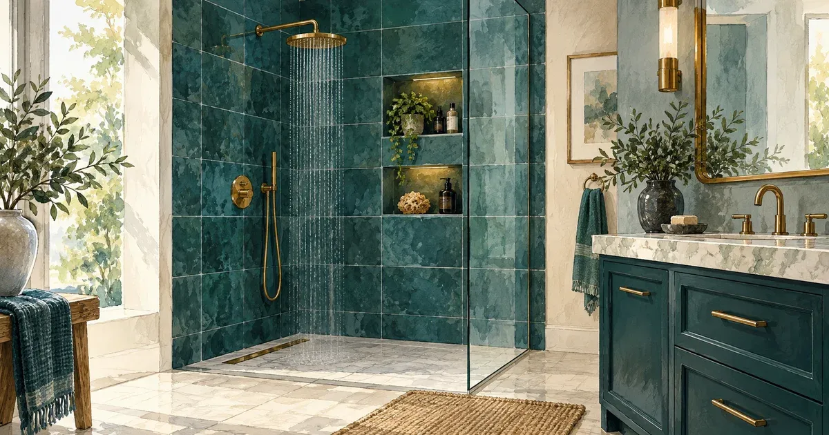Watercolor illustration of a spa-style walk-in shower with marble tile, a rain showerhead, recessed niches, and a nearby vanity