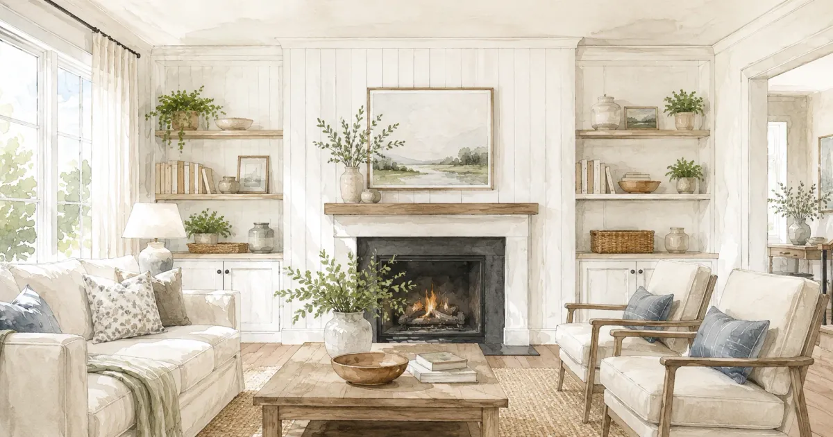 Watercolor illustration of a living room accent wall with updated shiplap wood paneling painted in a soft neutral, natural light