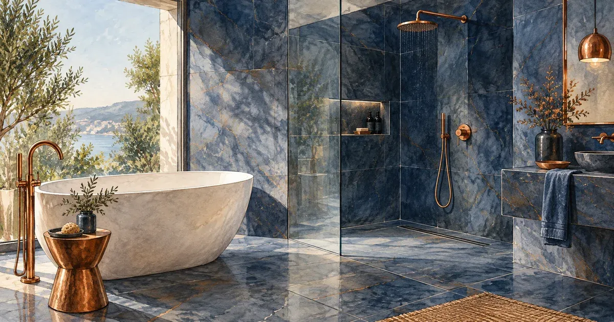 Watercolor illustration of a luxury wet room with a freestanding soaking tub, curbless tiled shower, linear drain, and a glass partition