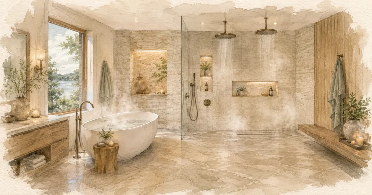 Watercolor illustration of a luxury wet room with a freestanding soaking tub, curbless tiled shower, linear drain, and a glass partition