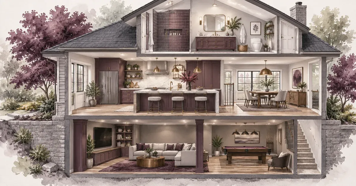 Updated kitchen with island, bathroom with tiled shower, and finished basement rec room shown together in a soft watercolor illustration