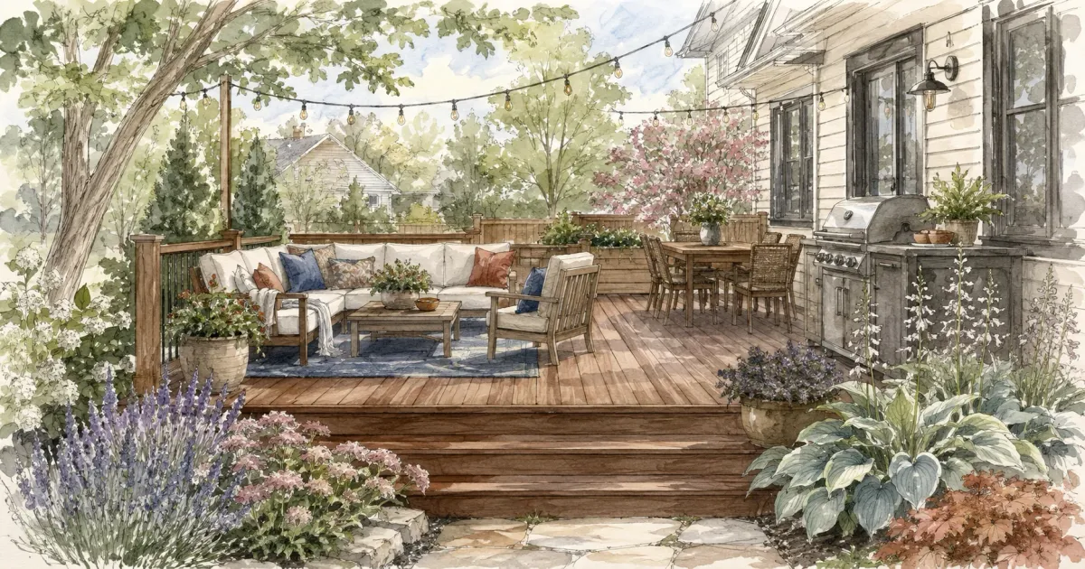 Backyard deck with sectional seating, dining table, and built-in grill surrounded by spring flowers and string lights