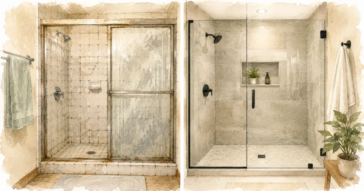 Side-by-side watercolor illustration comparing a dated shower with stained small-format tile and cloudy framed sliding doors to a remodeled shower with large-format tile, a built-in niche, and frameless glass
