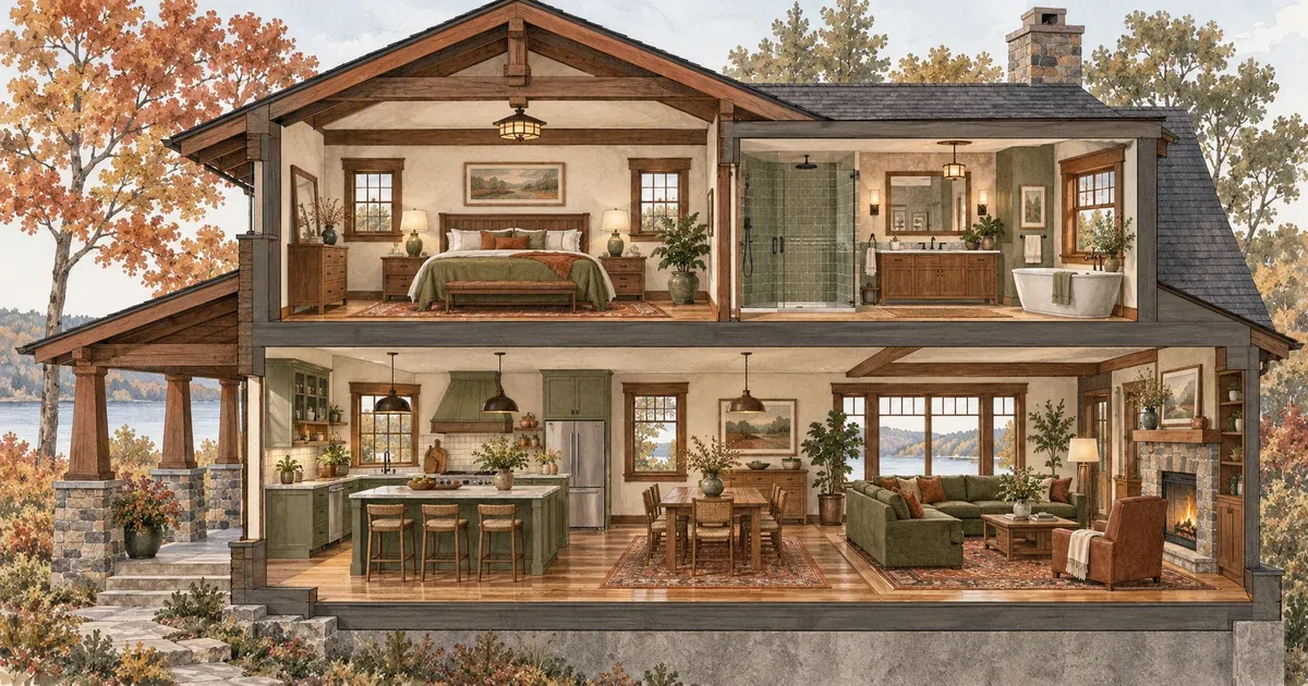 Watercolor cutaway illustration of a two-story Craftsman-style Minnesota home showing an open kitchen, dining, and living area downstairs and a primary bedroom and bathroom upstairs, all finished in one cohesive palette