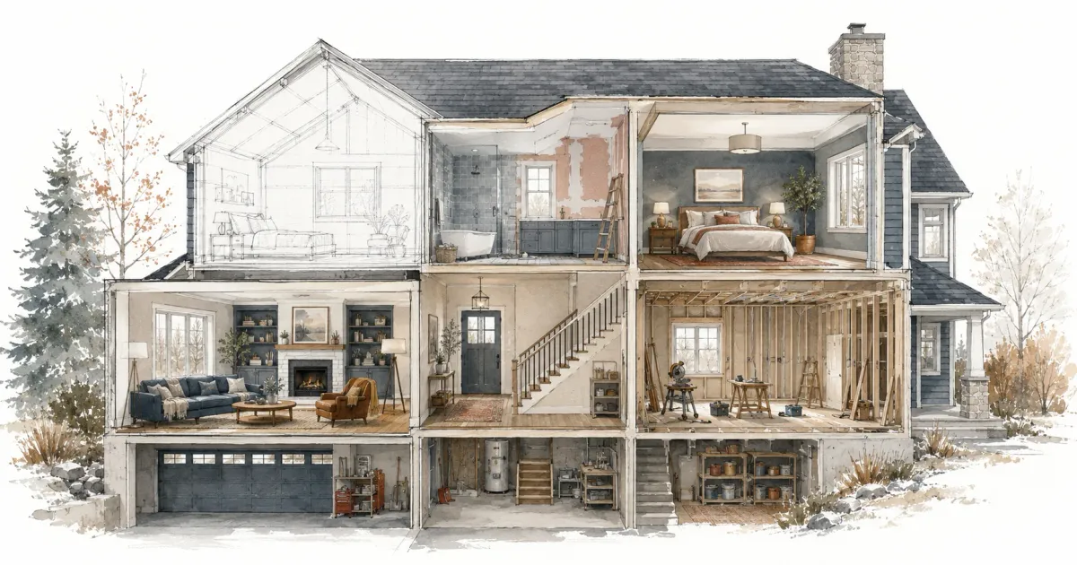 Watercolor cutaway illustration of a two-story Minnesota home showing rooms at different remodeling stages, from pencil-sketch bedroom to exposed framing to finished living room