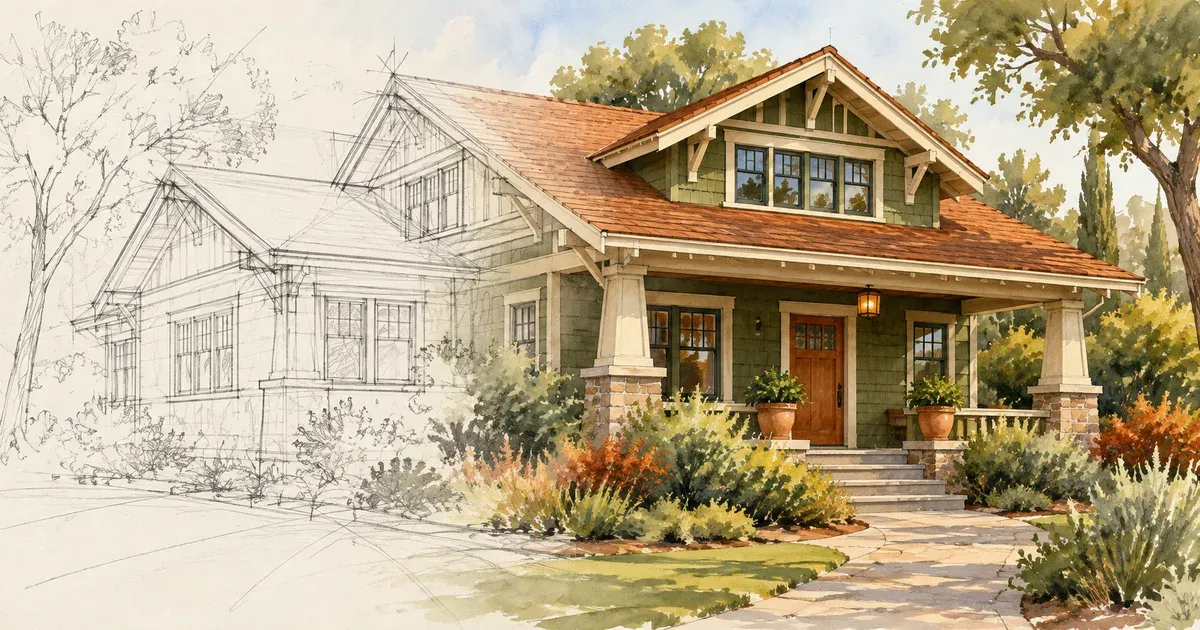 Watercolor illustration of a home transitioning from architectural sketch to finished craftsman house