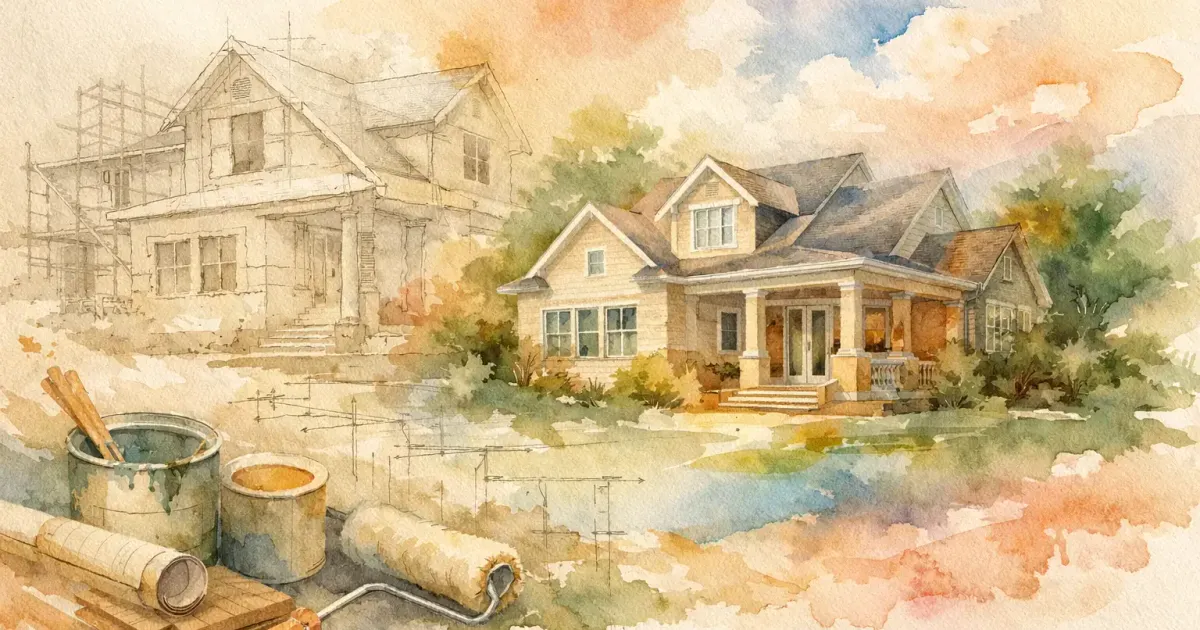 Watercolor illustration of a home transitioning from architectural sketch to finished craftsman house