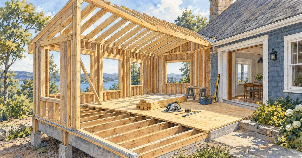 Watercolor illustration of a framed home addition mid-construction, with exposed rafters, subfloor joists, and tools staged on the finished portion of the floor