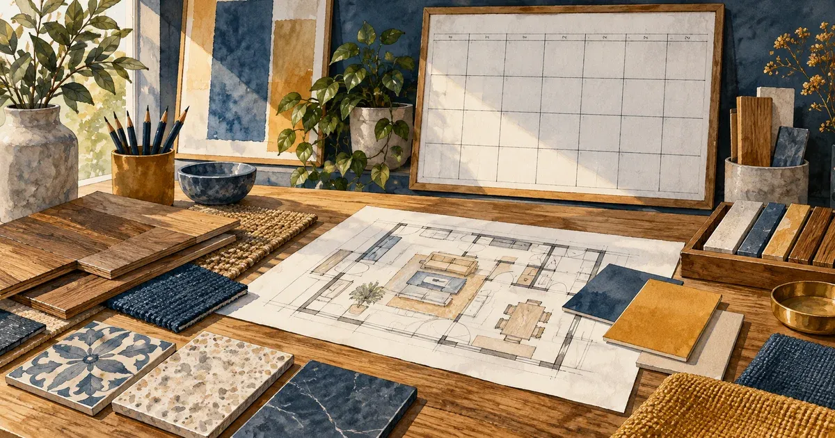 Watercolor illustration of a hand sketching a floor plan surrounded by flooring, tile, and finish samples on a table