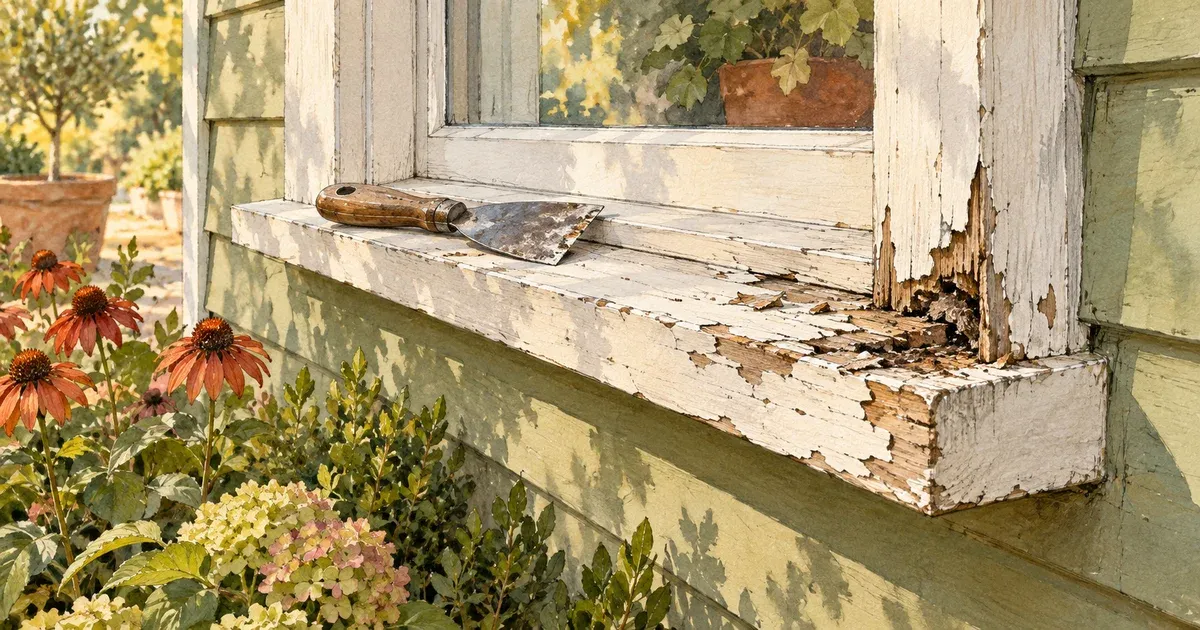 Watercolor illustration of a rotted, peeling wood window sill on a sided home, with a paint scraper resting on the damaged wood and flowers below