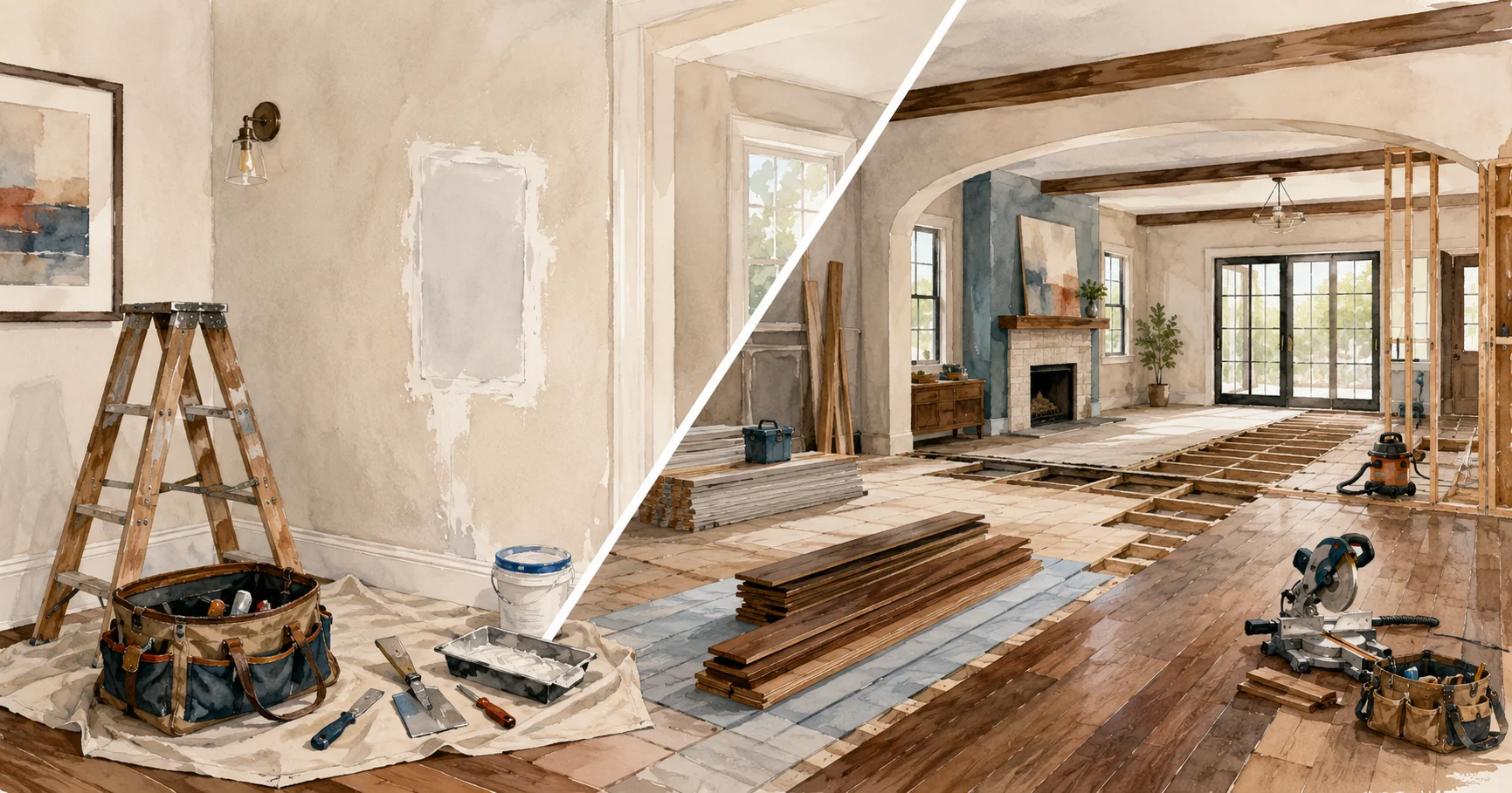 Illustrated before-and-after of a Honey-Doers whole-home renovation, from bare walls to finished living space