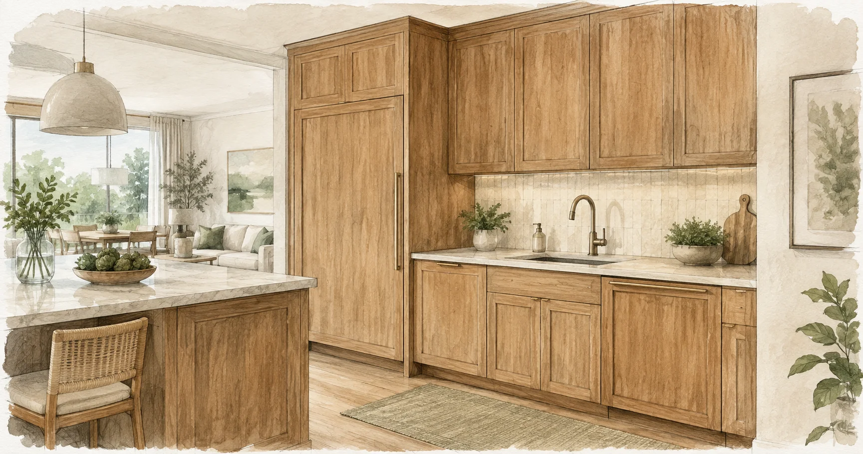 Watercolor illustration of a modern Lakeville kitchen with custom cabinetry and a panel-ready refrigerator disappearing seamlessly into the surrounding wood paneling, sage wash
