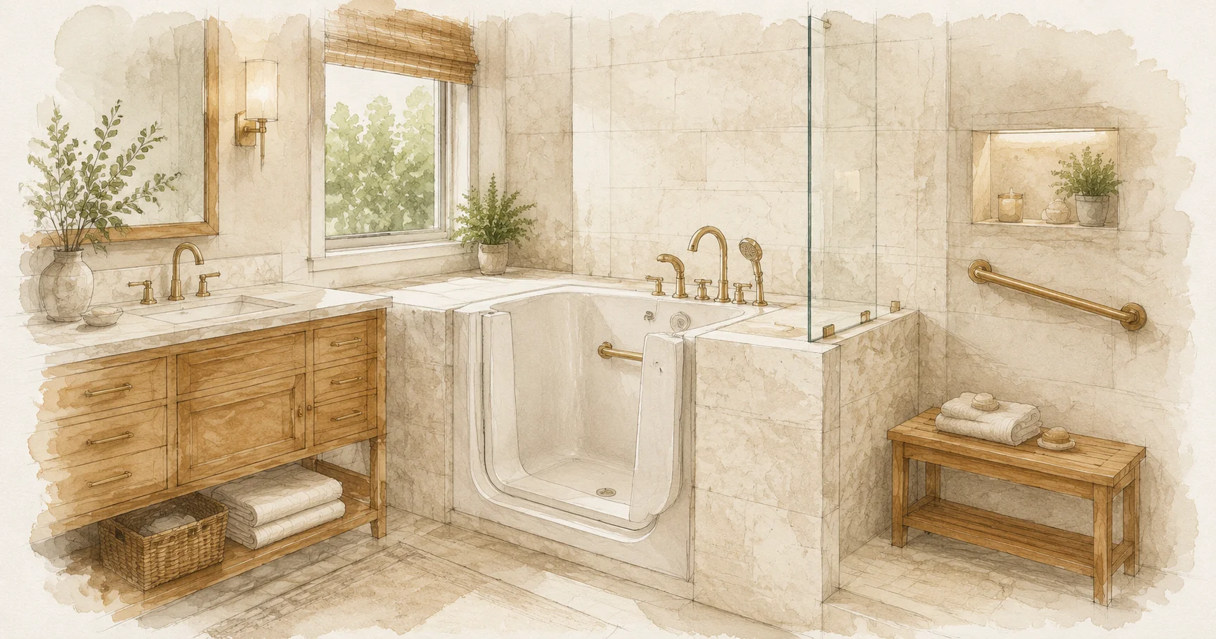 Watercolor illustration of a resort-style spa bathroom with a flush-mounted walk-in tub, custom stone tile surround, and frameless glass partition, amber wash