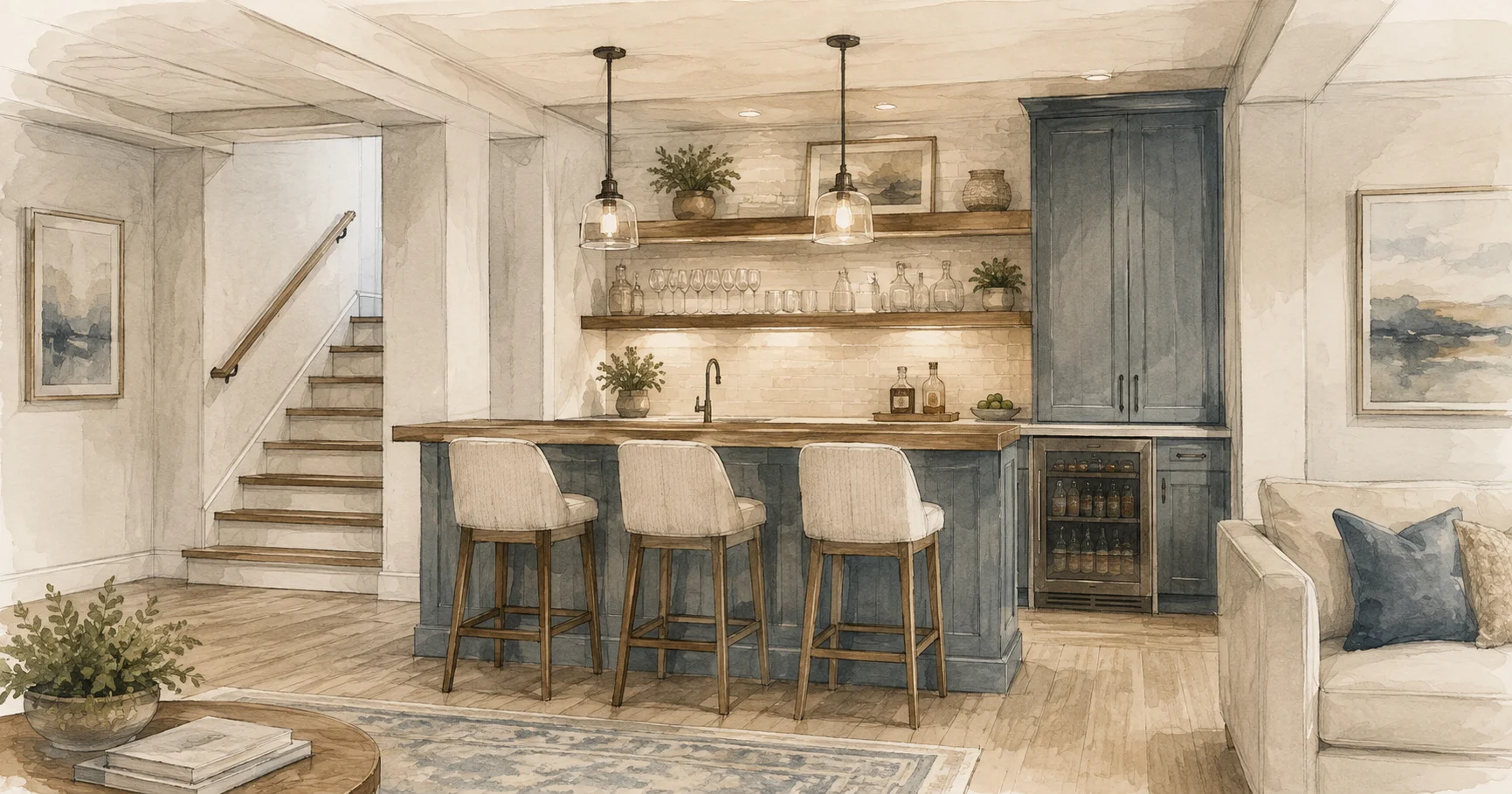 Watercolor illustration of a finished basement bar with wood shelving, pendant lighting, and bar stools facing a beverage refrigerator