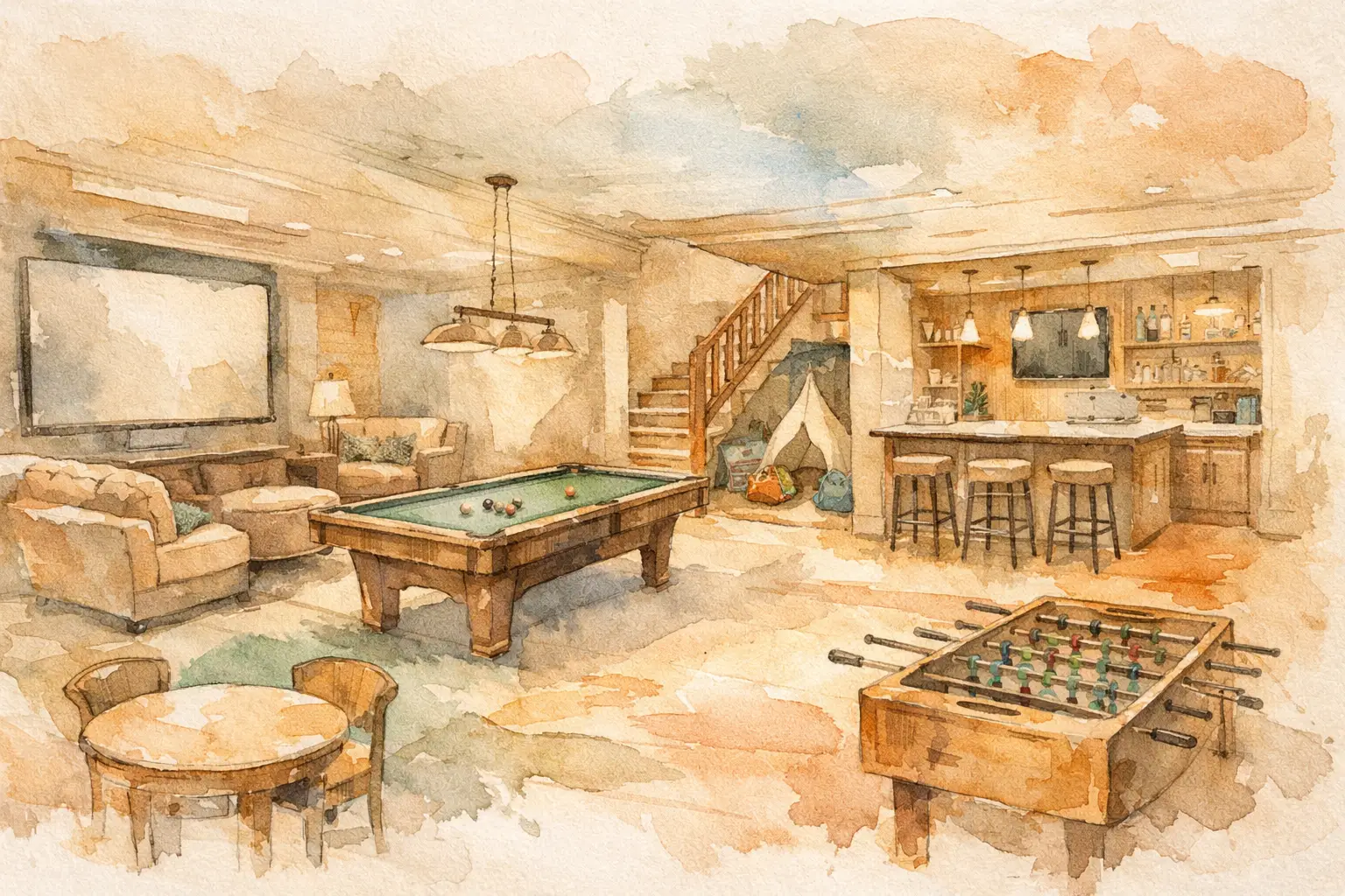 Finished family basement with defined zones for media, play, and storage