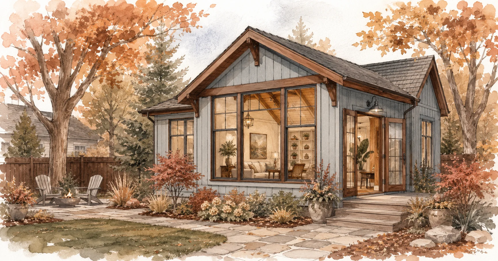 A backyard accessory dwelling unit cottage with vaulted ceilings and a stone patio in fall