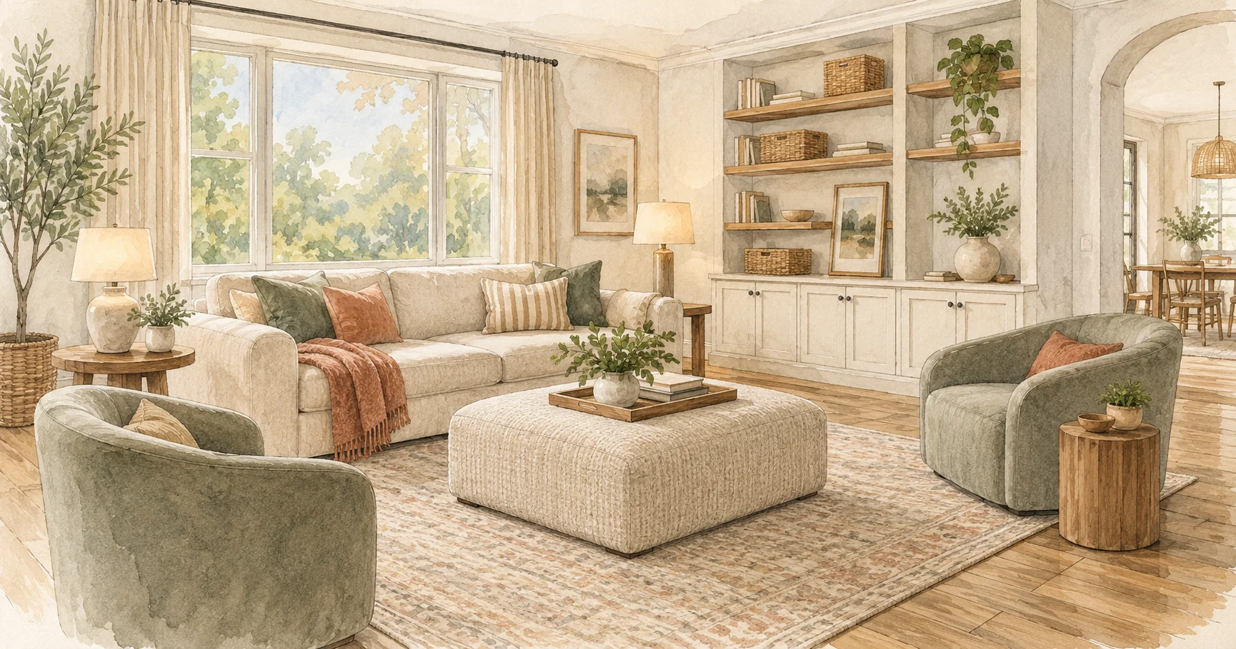 Watercolor illustration of a stylish, family-friendly living room with rounded furniture, built-in storage, and durable flooring