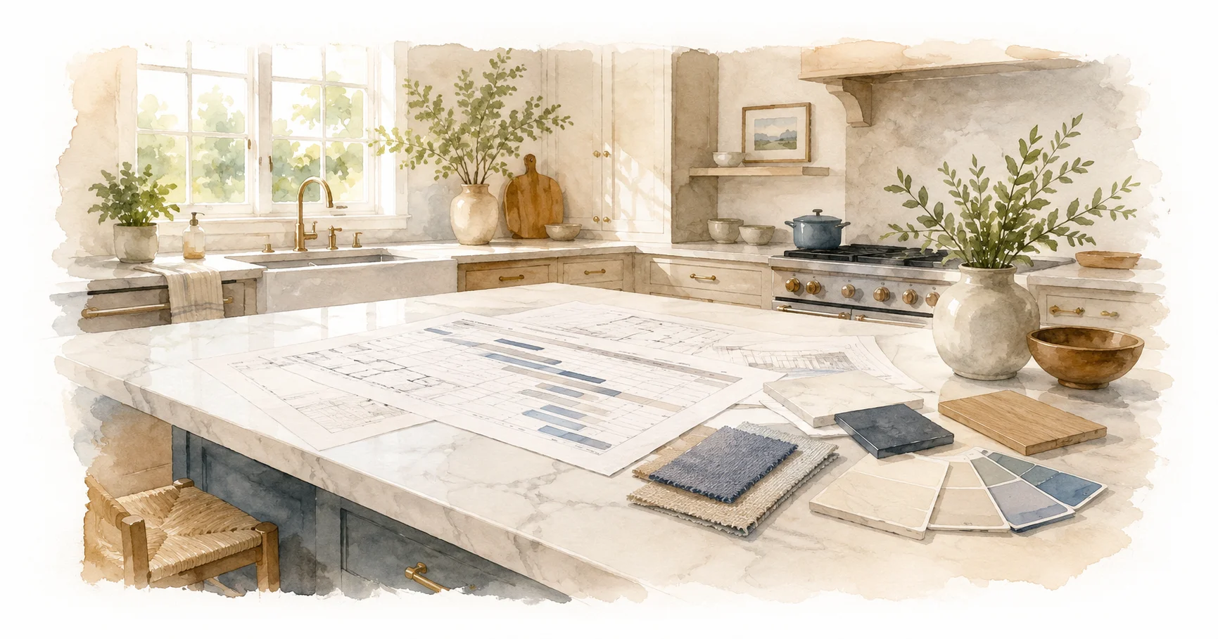Soft watercolor illustration of a homeowner and contractor reviewing a construction timeline at a kitchen table