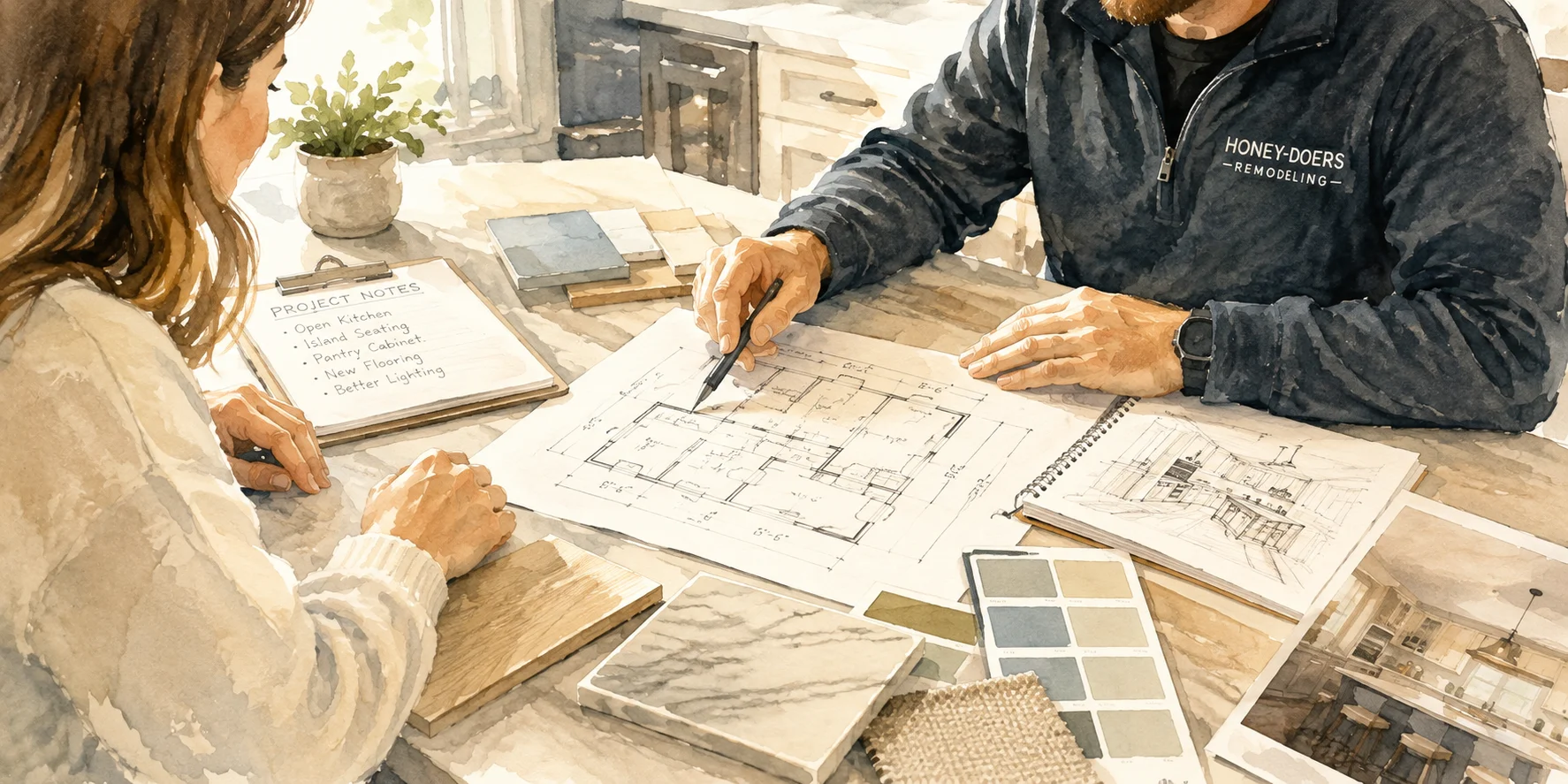 A homeowner and a Honey-Doers contractor reviewing floor plans and material samples together at a table