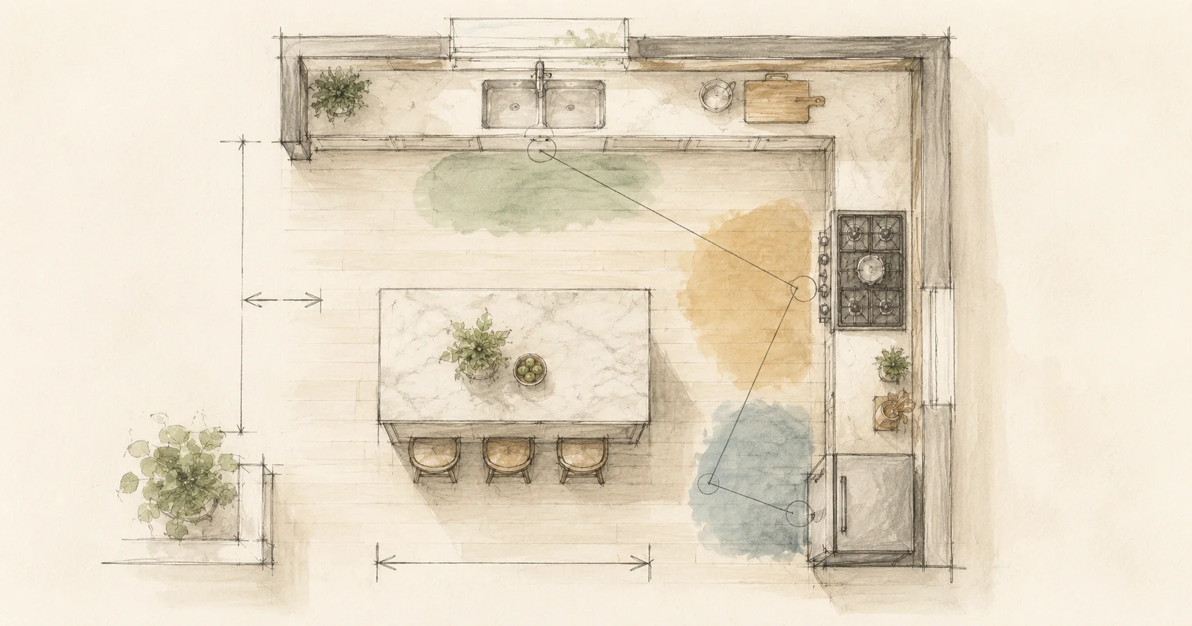 Overhead illustration of a kitchen floor plan with work zones marked around the sink, range, and refrigerator