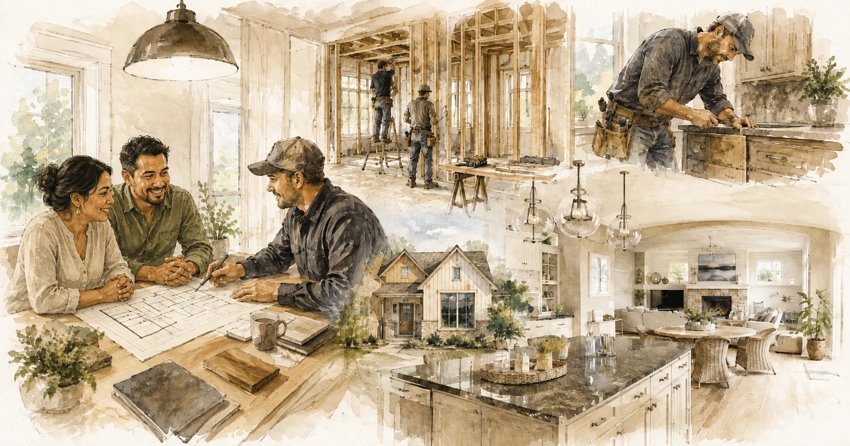 Homeowner and contractor reviewing a remodeling estimate and floor plan together at a kitchen table