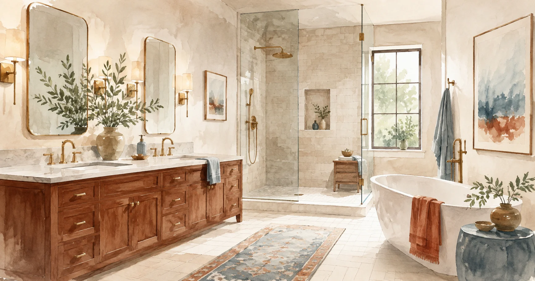 Watercolor illustration of a refreshed bathroom with a new vanity, layered lighting, and simple tile in a warm neutral palette