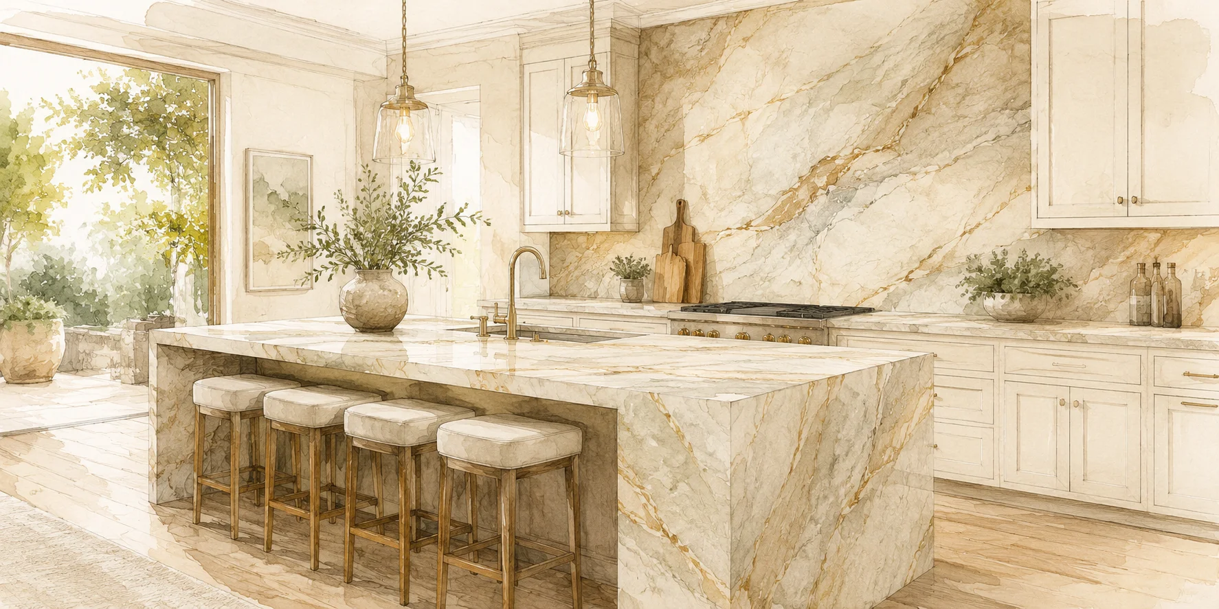 Watercolor illustration of a luxury kitchen with quartzite island and full-height stone backsplash