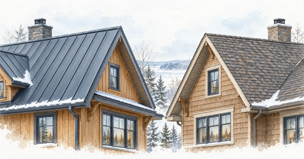 Soft watercolor illustration comparing a standing-seam metal roof and an asphalt shingle roof on neighboring Minnesota homes