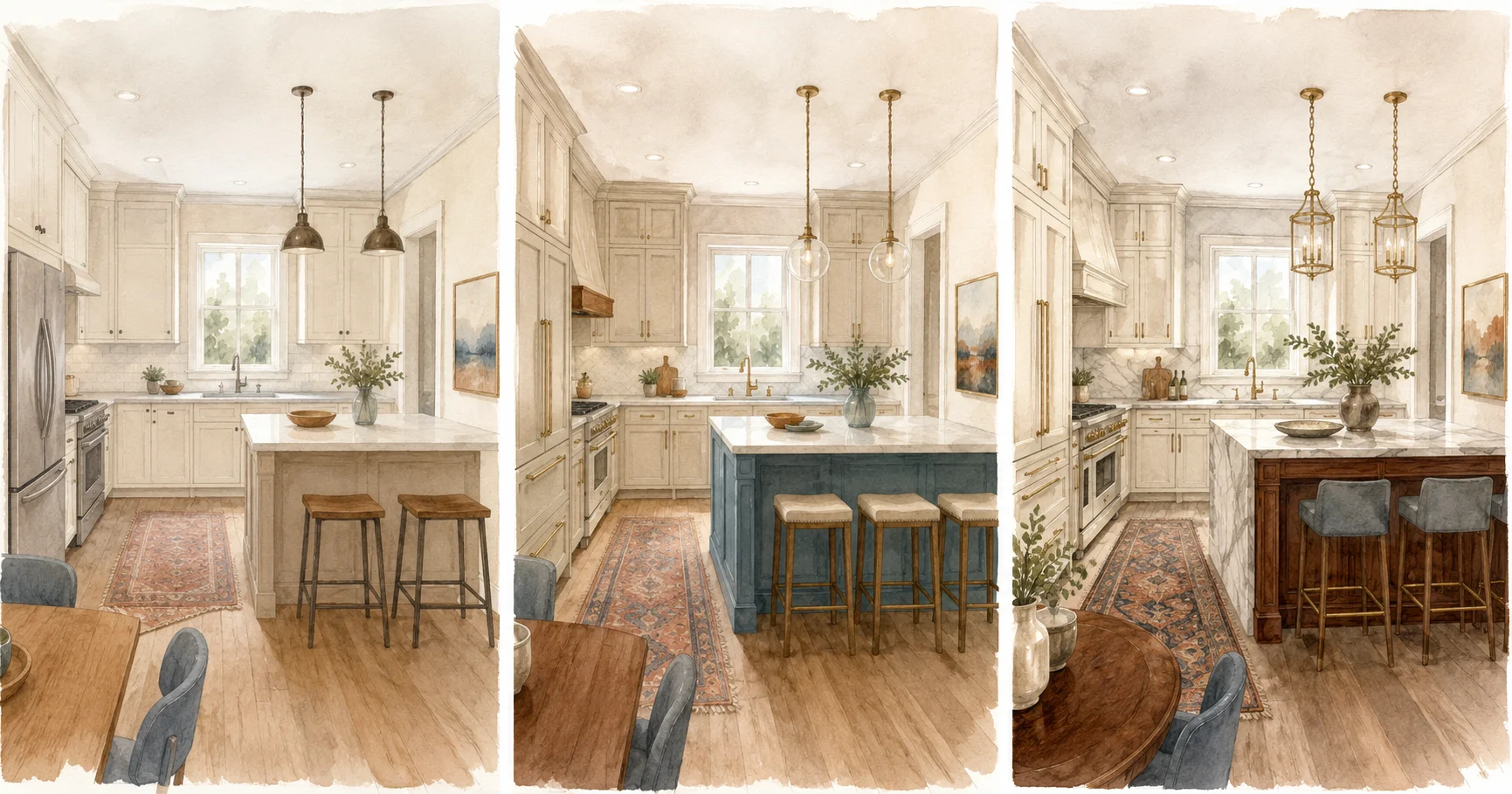 Three watercolor illustrations comparing open concept kitchen island color options with pendant lighting and hardwood floors
