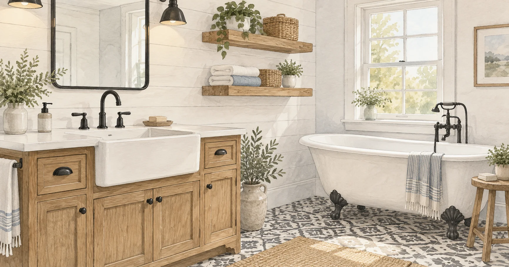 Watercolor illustration of a farmhouse bathroom with a fireclay farmhouse sink, black metal fixtures, and shiplap walls, dusty blue wash
