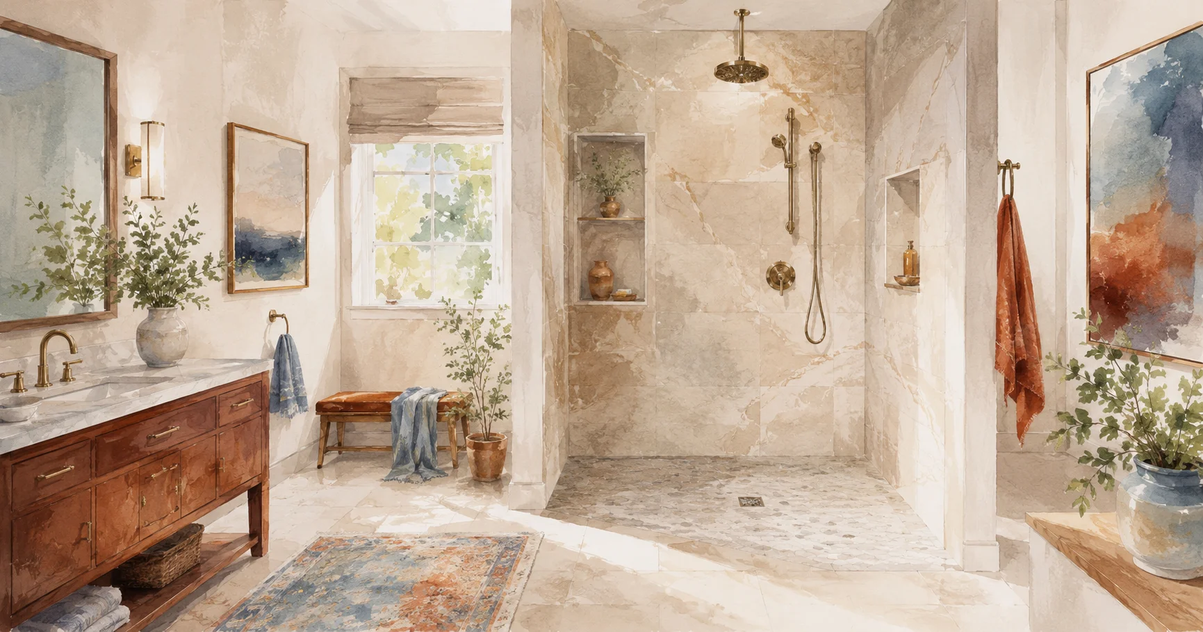 Watercolor illustration of a spa-style walk-in shower with marble tile, a rain showerhead, recessed niches, and a nearby vanity