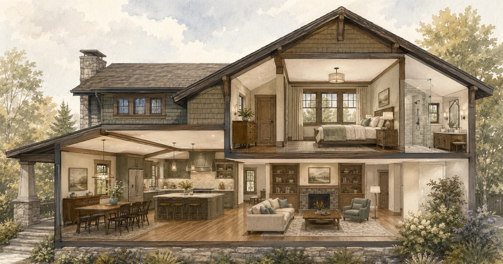 Watercolor cutaway illustration of a two-story Craftsman-style Minnesota home showing an open kitchen, dining, and living area downstairs and a primary bedroom and bathroom upstairs, all finished in one cohesive palette