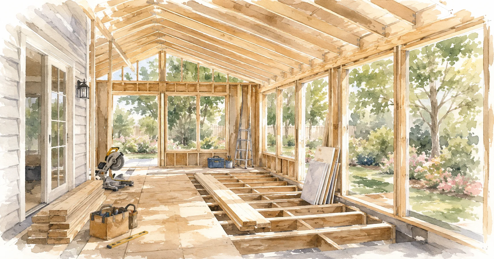 Watercolor illustration of a framed home addition mid-construction, with exposed rafters, subfloor joists, and tools staged on the finished portion of the floor