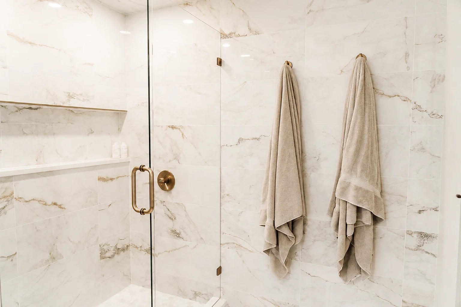 Wall-to-wall shower niche with quartz shelf and continued tile pattern in Burnsville bathroom remodel