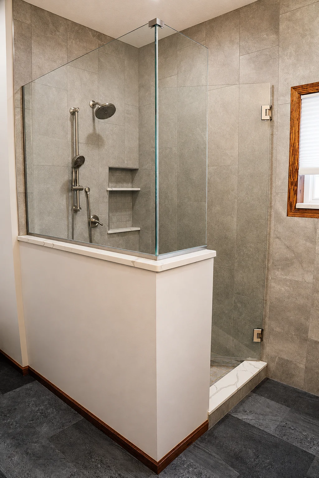 Semi-frameless glass shower enclosure with grab bars and large-format tile in Rosemount primary bathroom remodel by Honey-Doers Remodeling