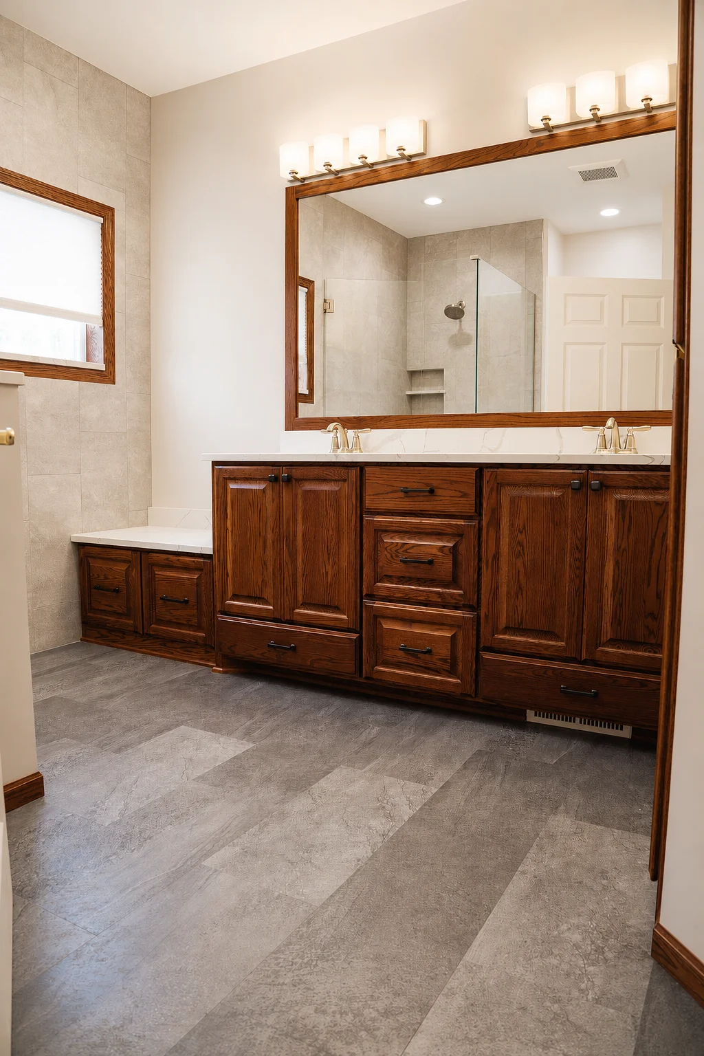 Custom oak double vanity with Calacatta Laza quartz countertop in Rosemount primary bathroom remodel by Honey-Doers Remodeling